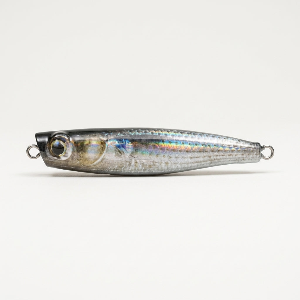 Foil mullet JigSkinz lure skin on a small stickbait, holographic finish, held in hand