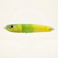 Mahi mahi pattern JigSkinz lure skin on a saltwater stickbait, side view on dark background