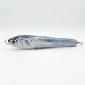Ballyhoo pattern JigSkinz lure skin on a saltwater pencil popper, side view on dark background