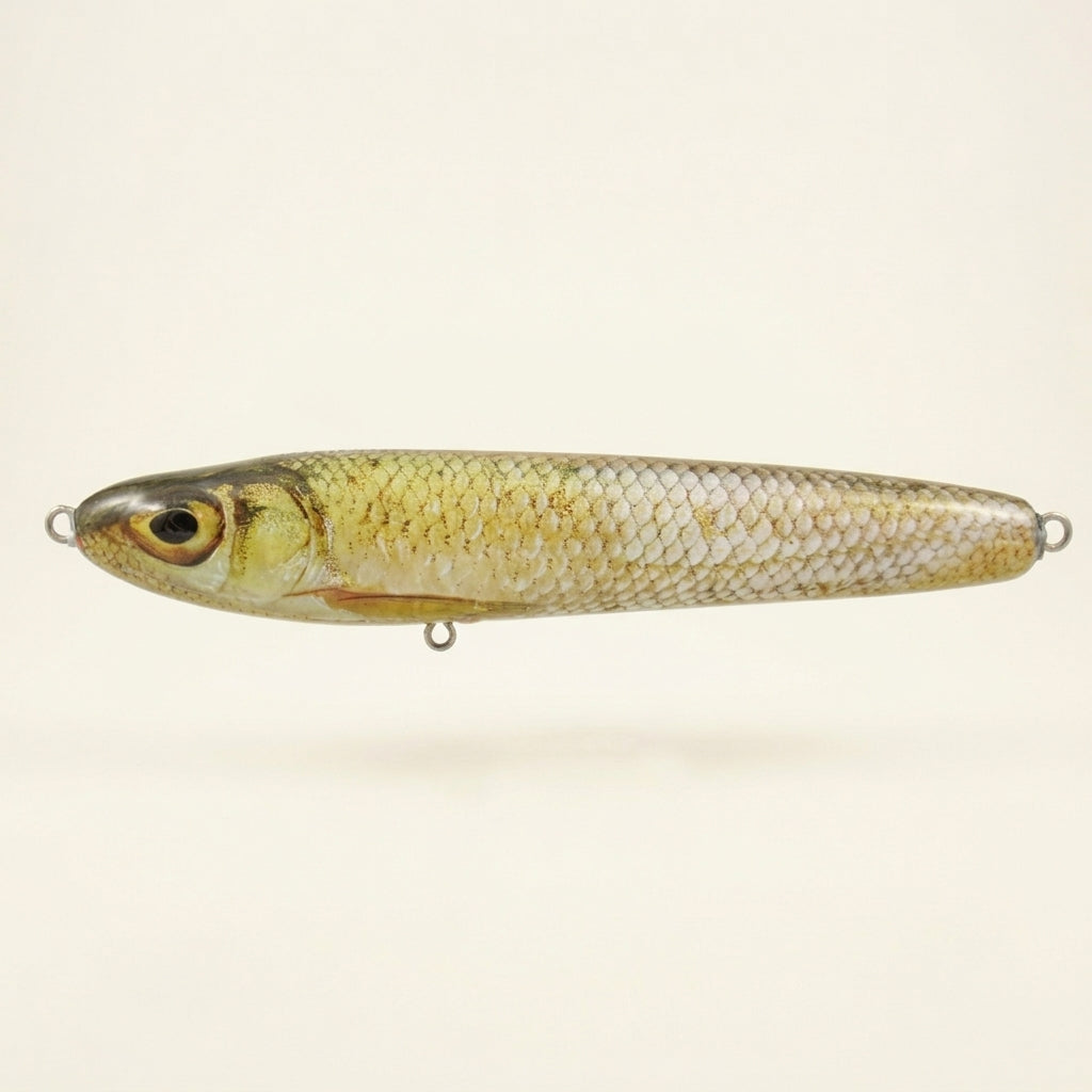 Golden shiner pattern JigSkinz lure skin on a stickbait, displayed on clear stand against dark background
