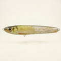 Golden shiner pattern JigSkinz lure skin on a stickbait, displayed on clear stand against dark background