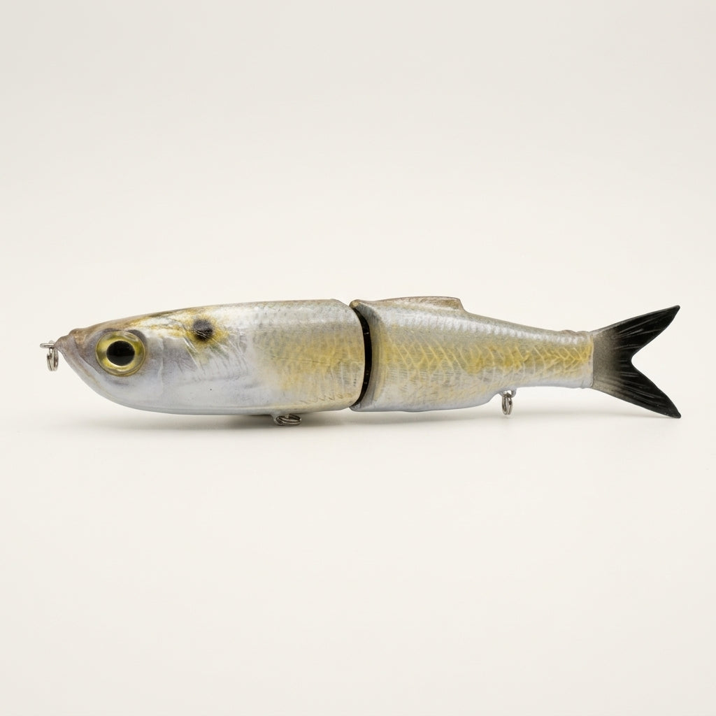 Gizzard shad pattern JigSkinz lure skin on a jointed swimbait, side view on dark surface