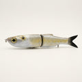 Gizzard shad pattern JigSkinz lure skin on a jointed swimbait, side view on dark surface