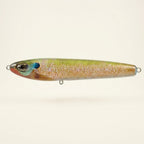 Redbreast sunfish pattern JigSkinz lure skin on a stickbait, displayed on clear stand against dark background