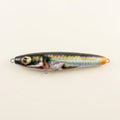 Sand eel pattern JigSkinz lure skins on two saltwater stickbaits, close-up of head and eye