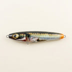 Sand eel pattern JigSkinz lure skins on two saltwater stickbaits, close-up of head and eye