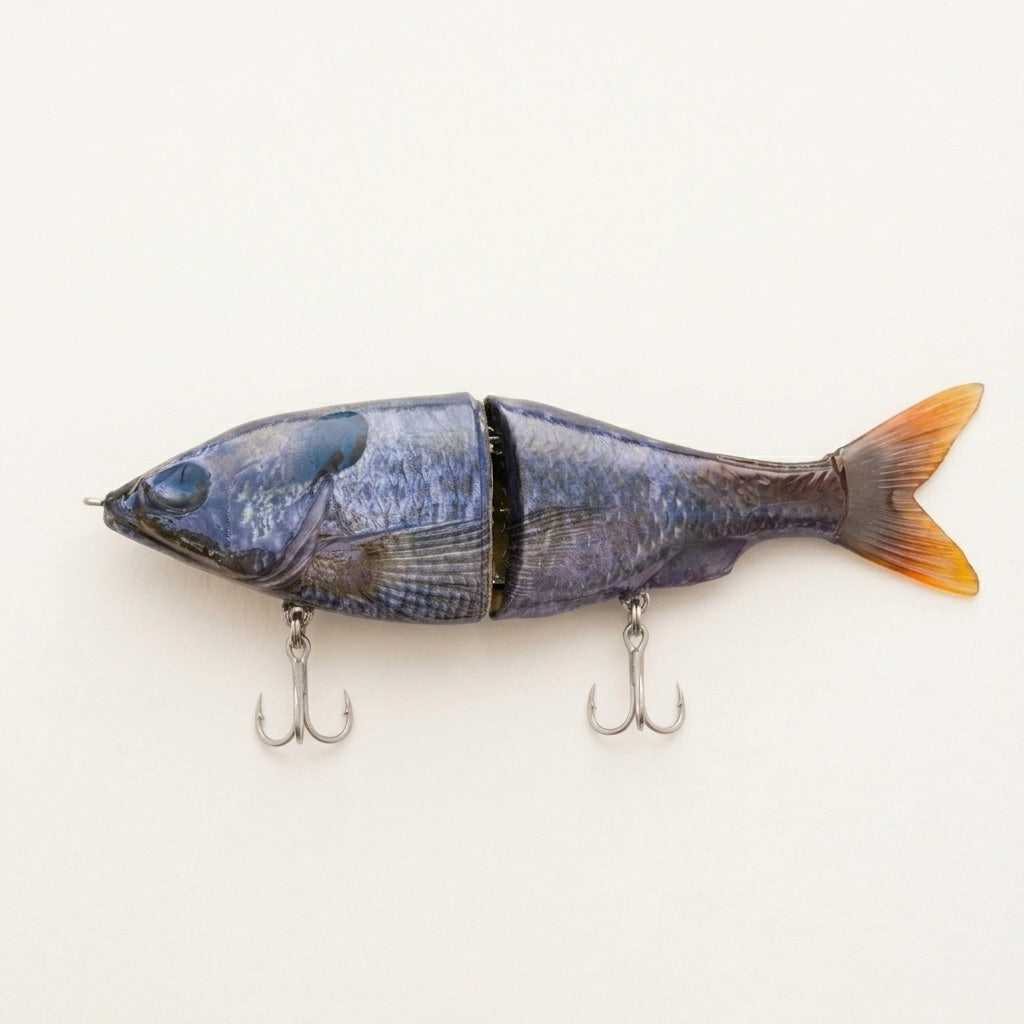Pond bluegill pattern JigSkinz lure skin on a jointed swimbait with treble hooks, on dark granite