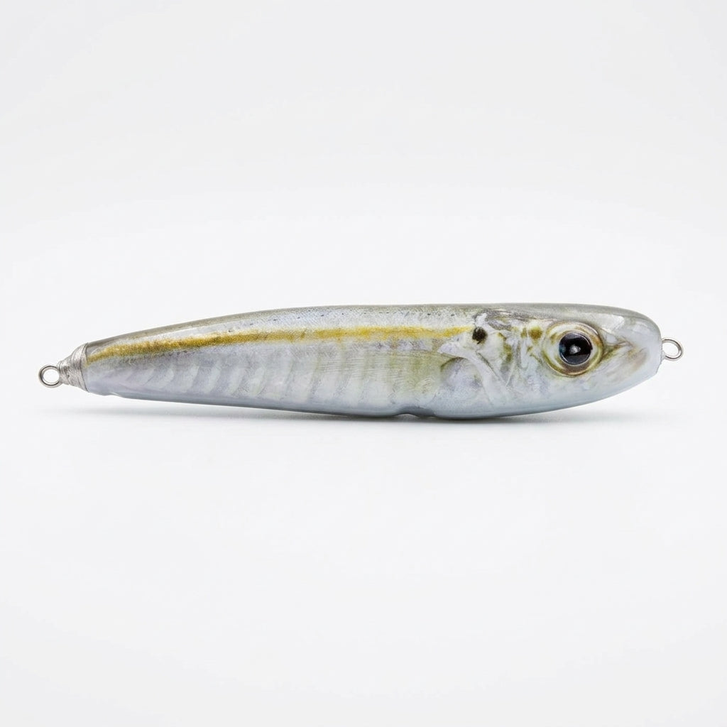 Cigar minnow pattern JigSkinz lure skin on a saltwater stickbait, side view on dark surface