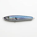 Foil mackerel JigSkinz lure skin on a topwater stickbait, holographic finish, on wooden table