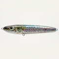 Sardine pattern JigSkinz lure skin on a saltwater stickbait, displayed on clear stand against dark background