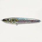 Sardine pattern JigSkinz lure skin on a saltwater stickbait, displayed on clear stand against dark background