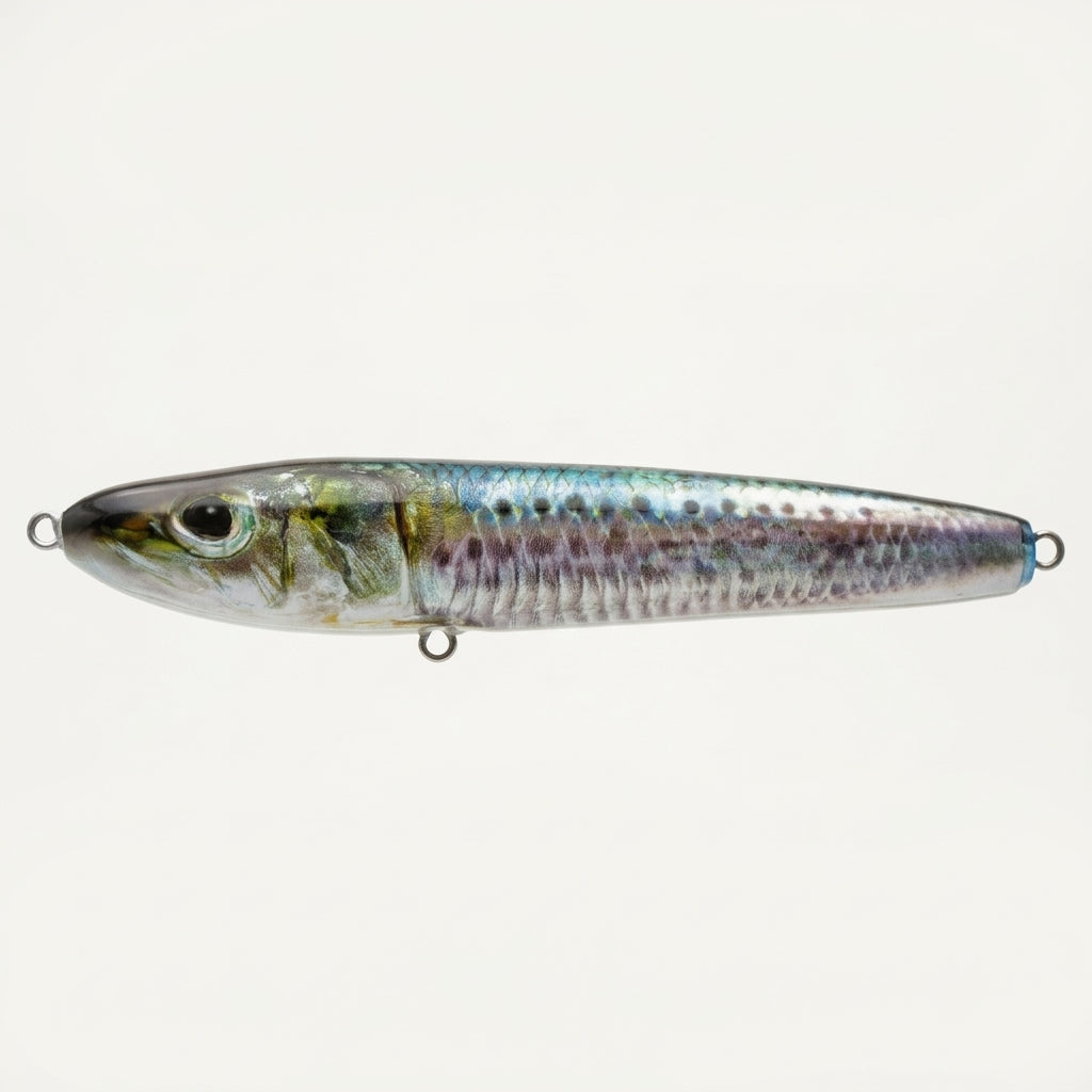 Sardine pattern JigSkinz lure skin on a saltwater stickbait, displayed on clear stand against dark background