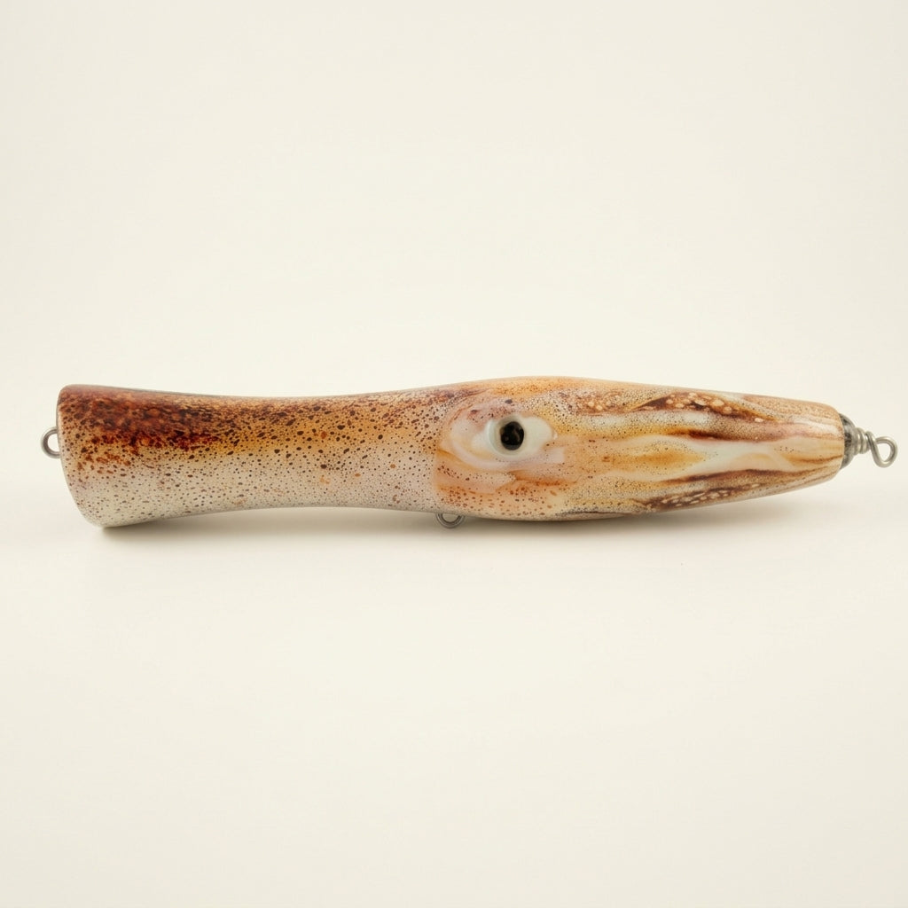 Squid pattern JigSkinz lure skin on a topwater squid popper, side view on dark granite