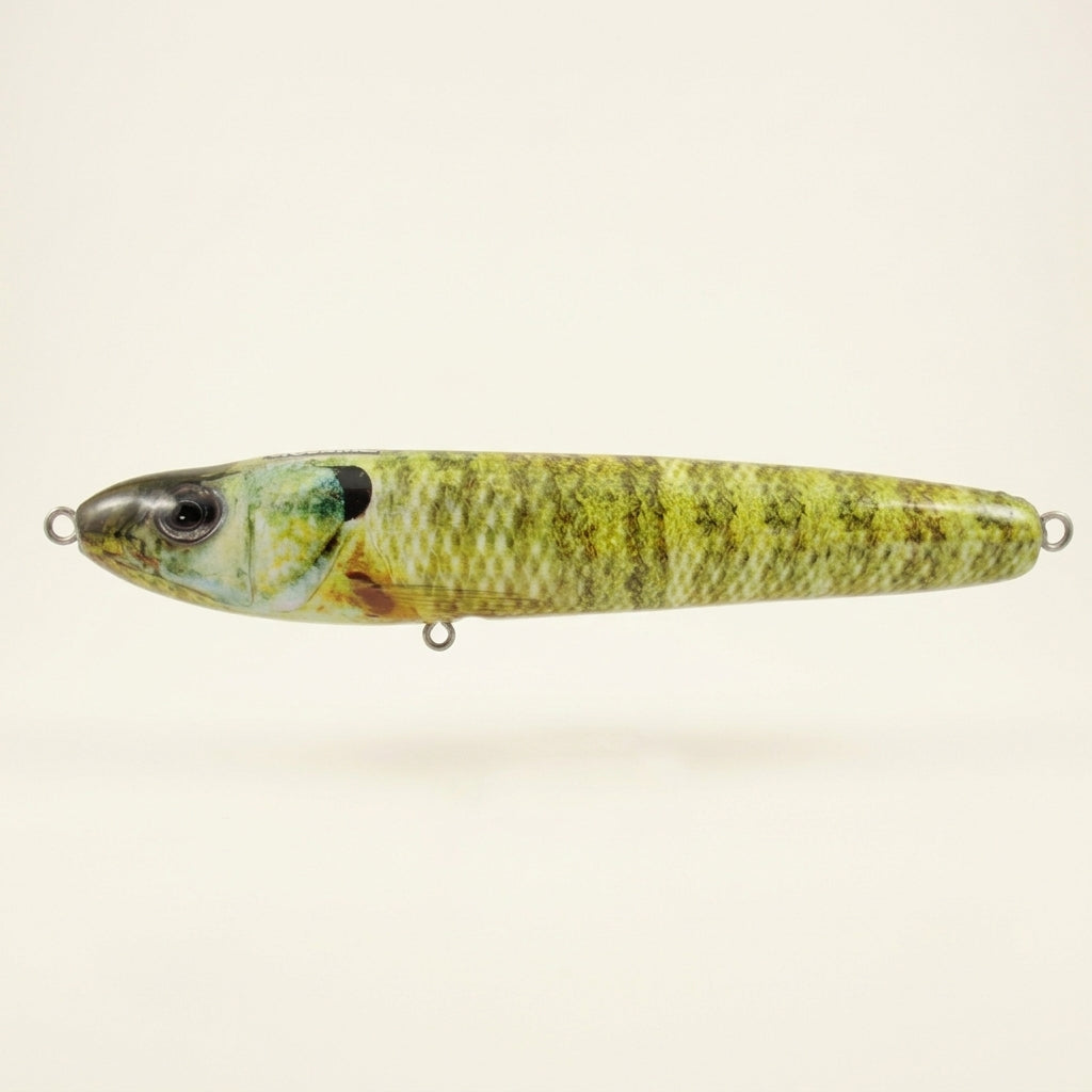 Sunfish pattern JigSkinz lure skin on a stickbait, displayed on clear stand against dark background