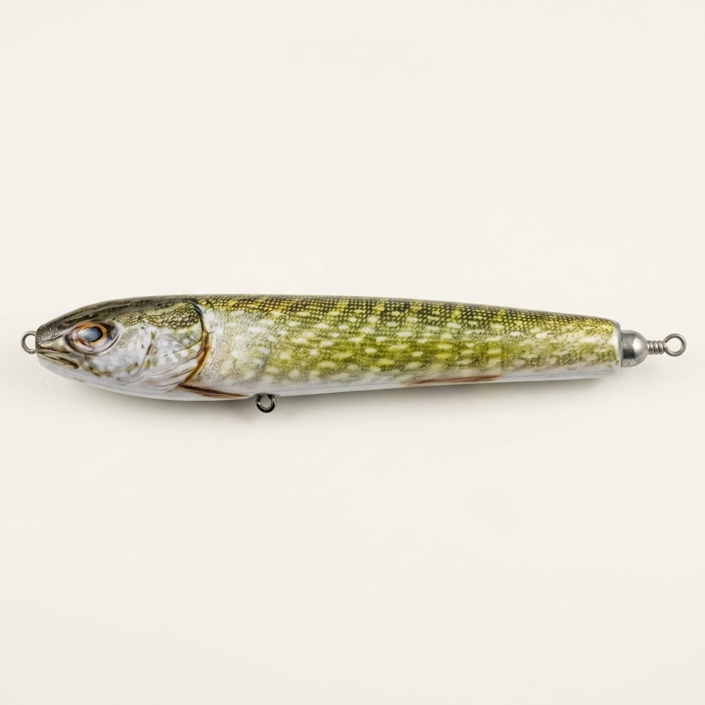 Northern pike pattern JigSkinz lure skin on a stickbait, side view on stone pavers in sunlight
