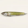 Northern pike pattern JigSkinz lure skin on a stickbait, side view on stone pavers in sunlight