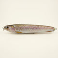 Rainbow trout pattern JigSkinz lure skin on a stickbait, displayed on clear stand against dark background