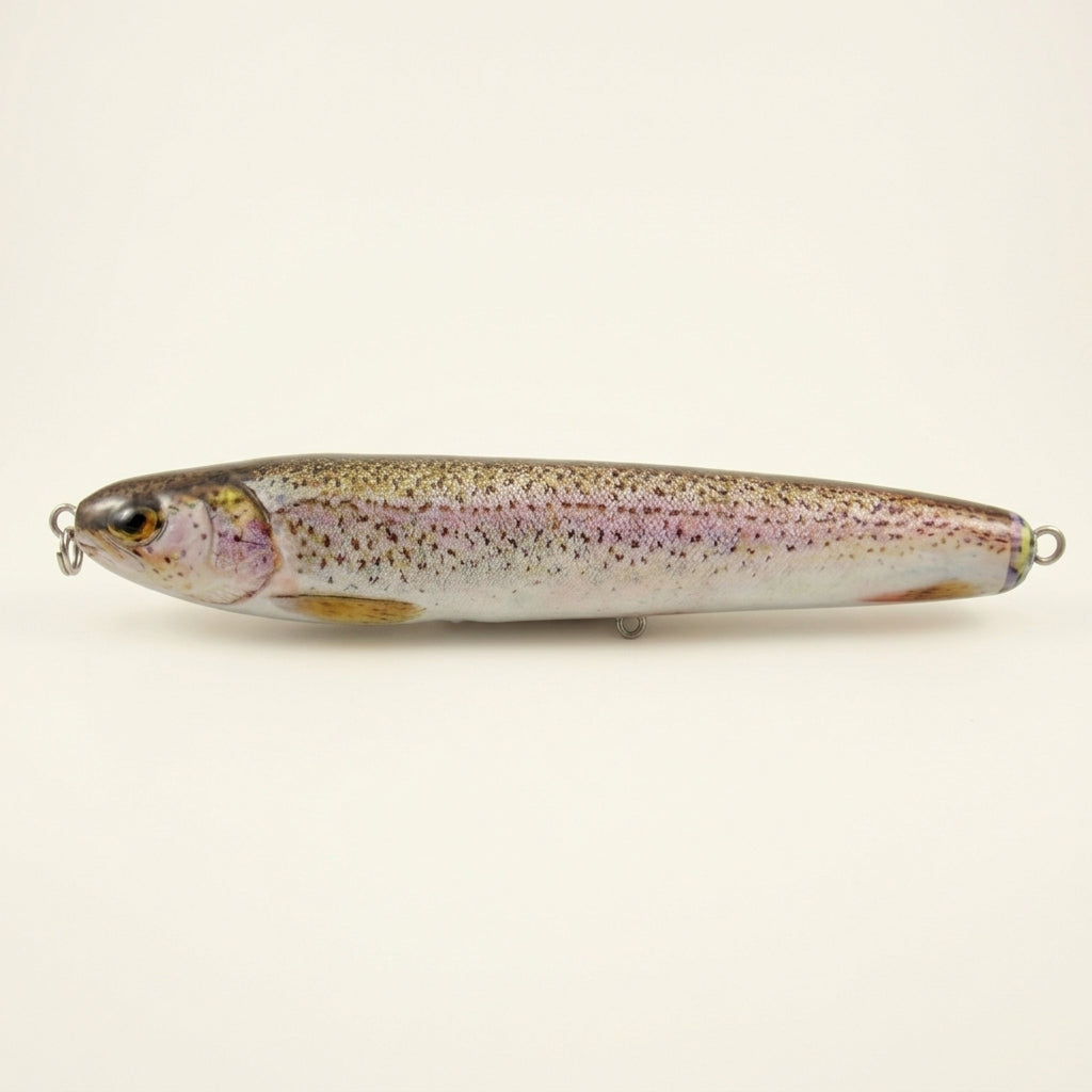Rainbow trout pattern JigSkinz lure skin on a stickbait, displayed on clear stand against dark background