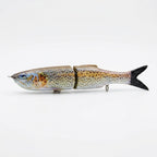 Brown trout pattern JigSkinz lure skin on a jointed swimbait, held in hand over dark background