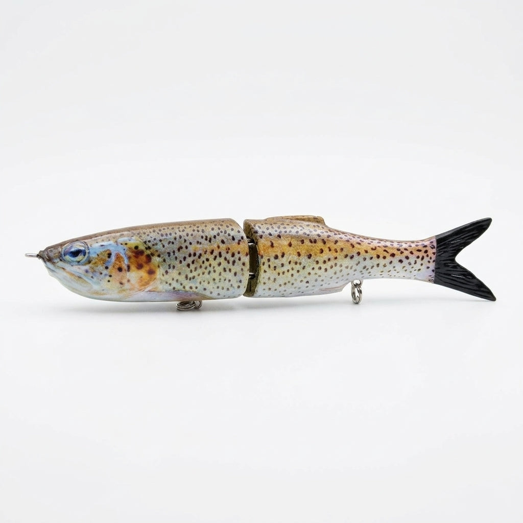 Brown trout pattern JigSkinz lure skin on a jointed swimbait, held in hand over dark background