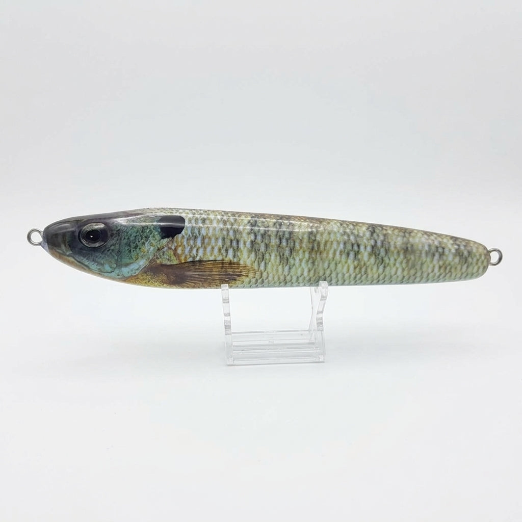 Bluegill pattern JigSkinz lure skin on a stickbait, displayed on clear stand against dark background