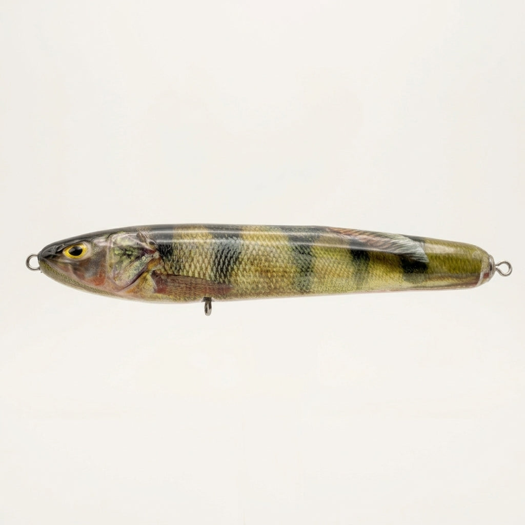 Yellow perch pattern JigSkinz lure skin on a stickbait, on clear stand outdoors on stone